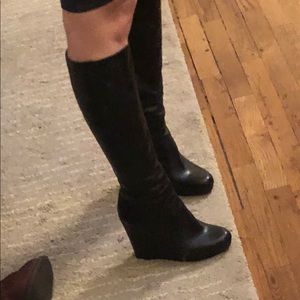 Black wedge leather boots